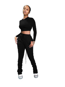 Solid Color Stacked Fashion Pants Set