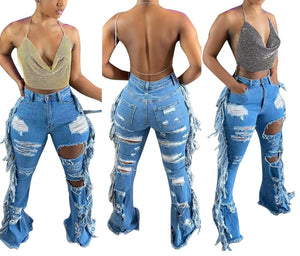 Side Fringe Flare Bottom Jeans