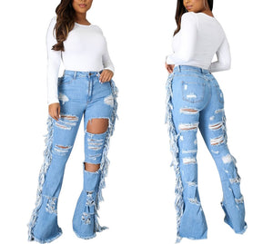 Side Fringe Flare Bottom Jeans